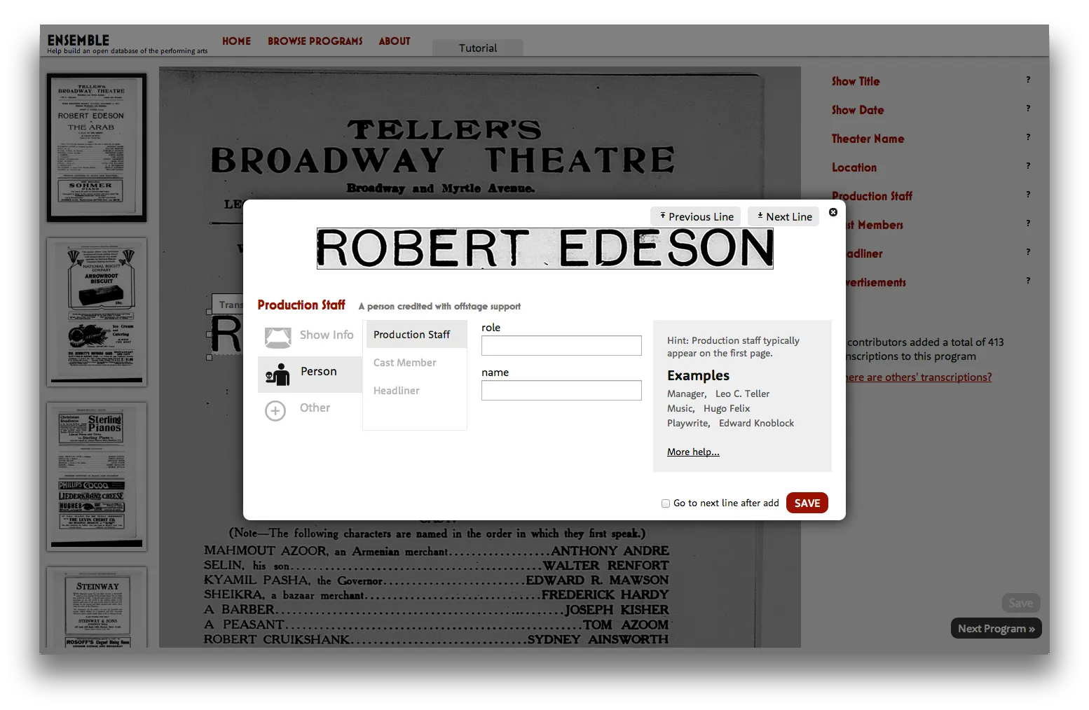 Screenshot of the transcription interface from Ensemble