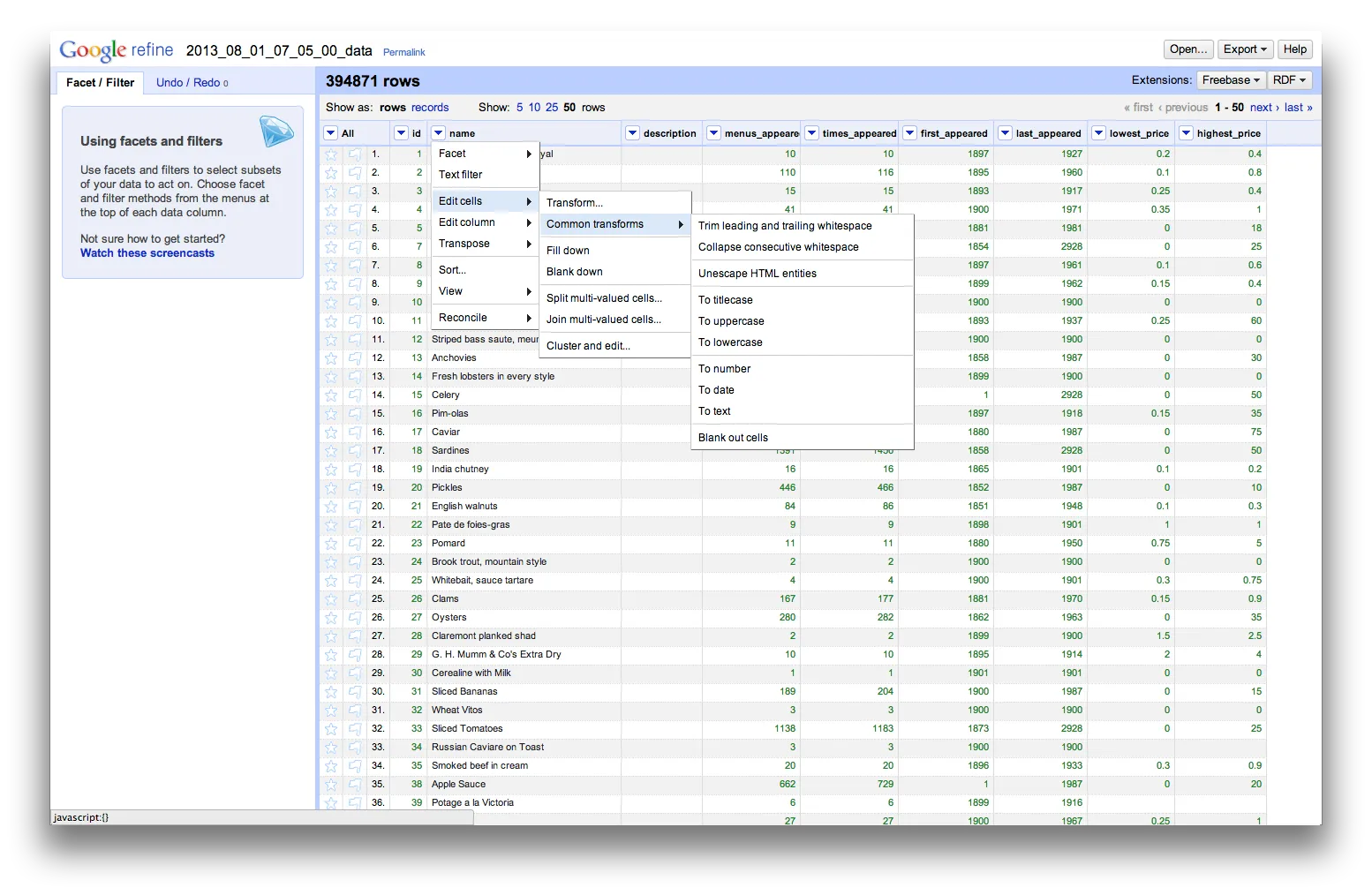 Accessing the common transformations from the Open Refine menus