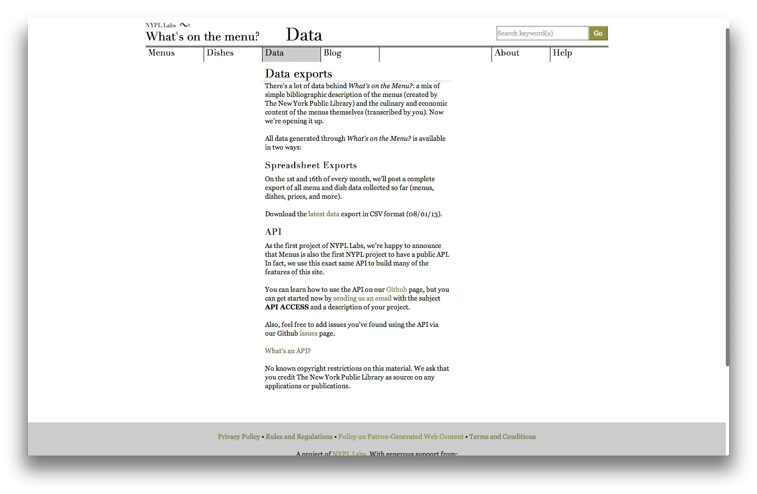 Screenshot of the front page of the NYPL's menus site as of August 2013