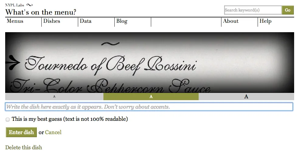 Screenshot of the transcription interface from What's on the menu?